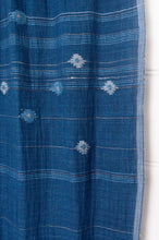 Load image into Gallery viewer, Karomi jamdani scarf handwoven in handspun cotton natural indigo dye, kankra crab motif with stripes.