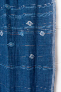 Karomi jamdani scarf handwoven in handspun cotton natural indigo dye, kankra crab motif with stripes.