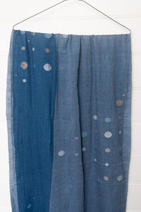 Karomi jamdani scarf handwoven in handspun natural cotton and natural dyes, random circles in shades of indigo.