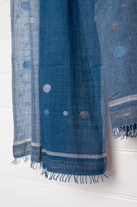 Karomi jamdani scarf handwoven in handspun natural cotton and natural dyes, random circles in shades of indigo.