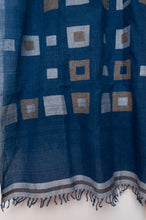 Load image into Gallery viewer, Karomi jamdani handspun handwoven cotton scarf Multiple Squares on indigo.