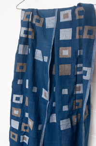 Karomi jamdani handspun handwoven cotton scarf Multiple Squares on indigo.