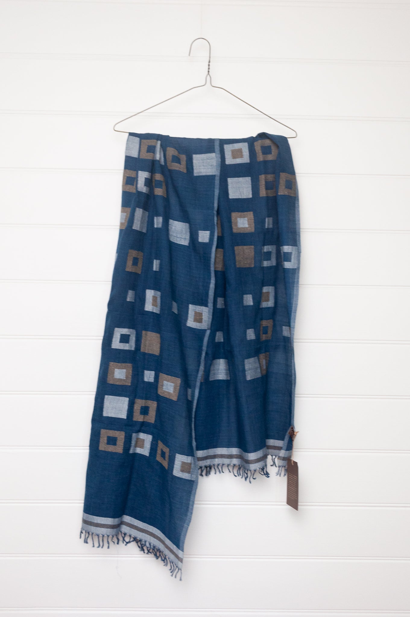 Karomi jamdani handspun handwoven cotton scarf Multiple Squares on indigo.