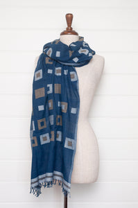 Karomi jamdani handspun handwoven cotton scarf Multiple Squares on indigo.