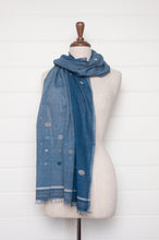 Load image into Gallery viewer, Karomi jamdani scarf handwoven in handspun natural cotton and natural dyes, random circles in shades of indigo.