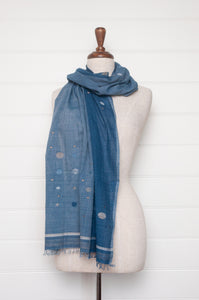 Karomi jamdani scarf handwoven in handspun natural cotton and natural dyes, random circles in shades of indigo.