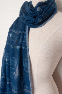 Karomi jamdani scarf handwoven in handspun cotton natural indigo dye, kankra crab motif with stripes.