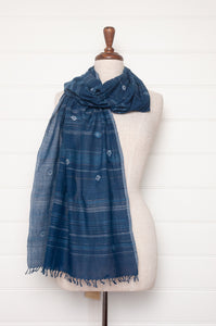 Karomi jamdani scarf handwoven in handspun cotton natural indigo dye, kankra crab motif with stripes.