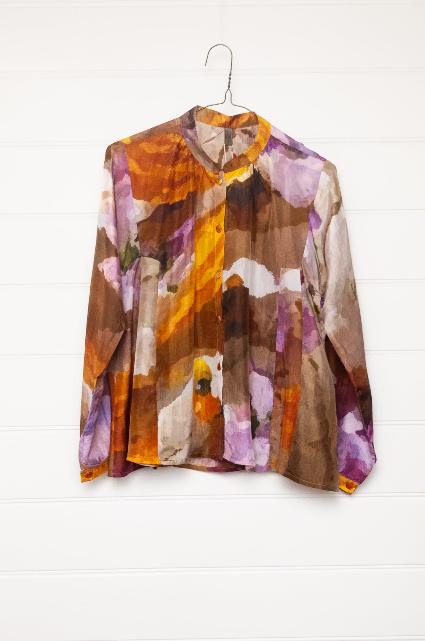 Yavi silk top button up, gathered to neck band, mustard and lilac print.