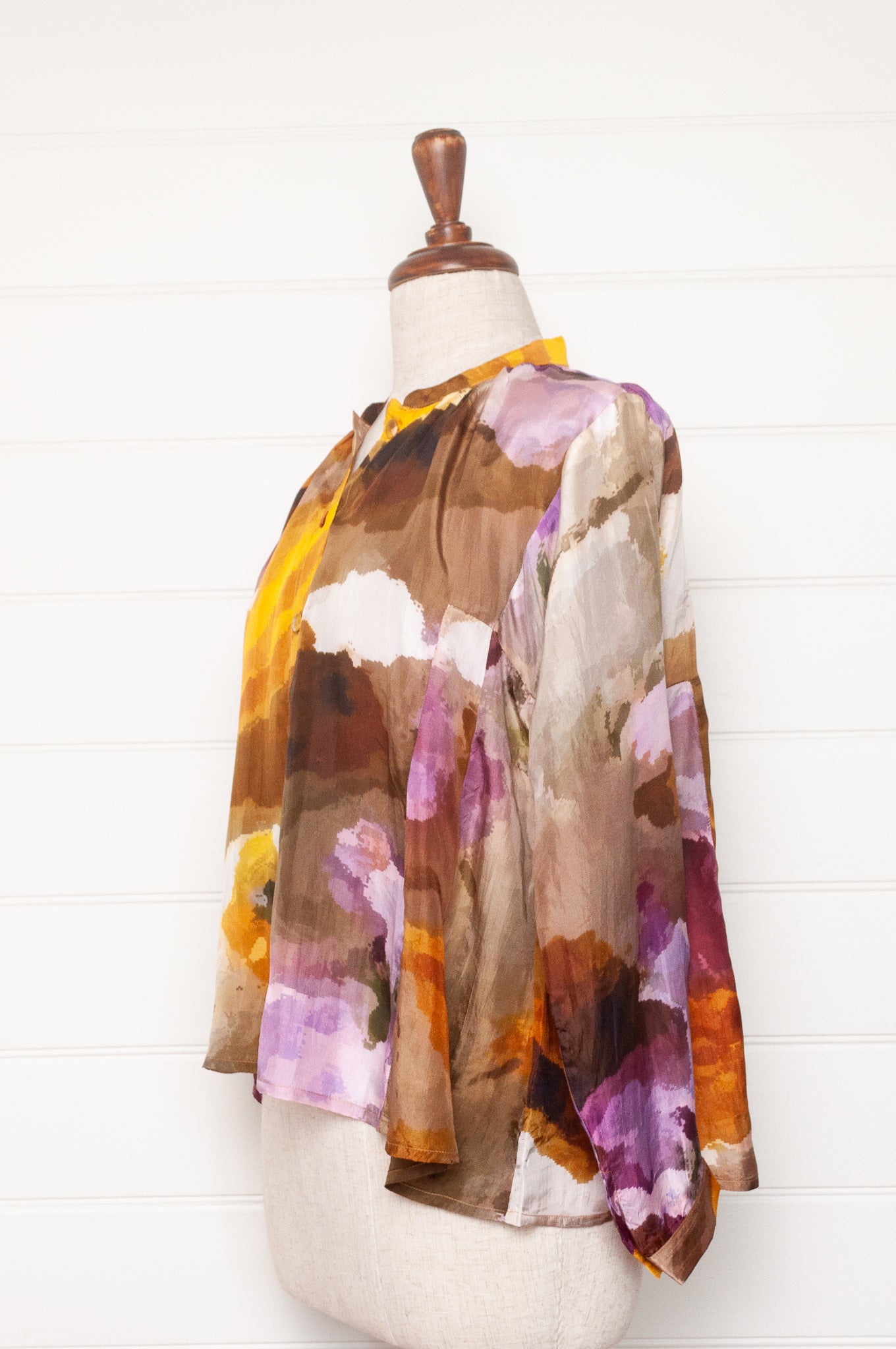 Yavi silk top button up, gathered to neck band, mustard and lilac print.
