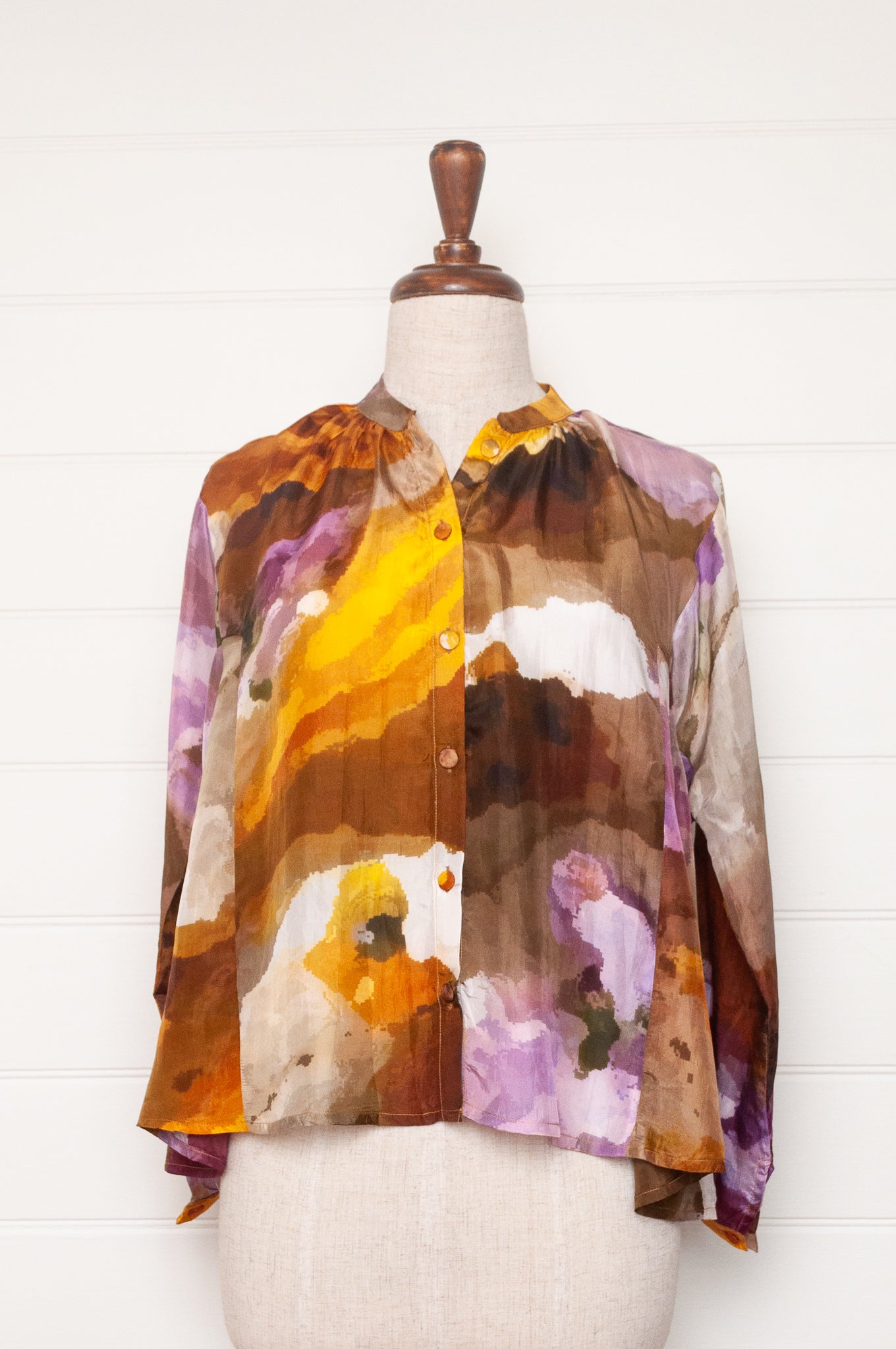 Yavi silk top button up, gathered to neck band, mustard and lilac print.