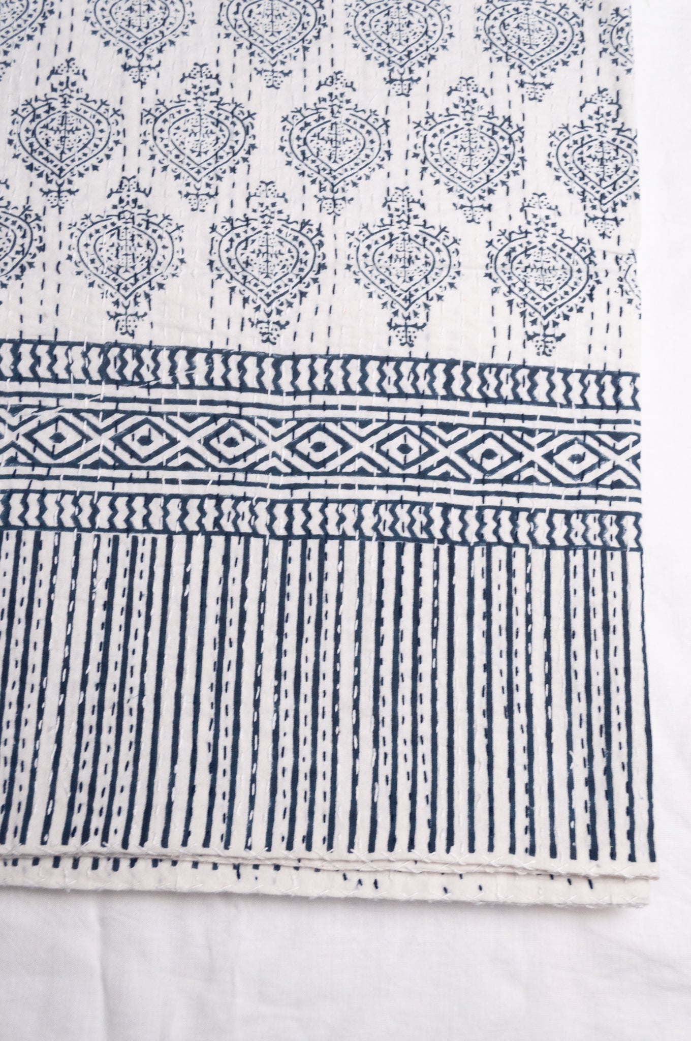 Blue and white mogul print cotton kantha quilt.