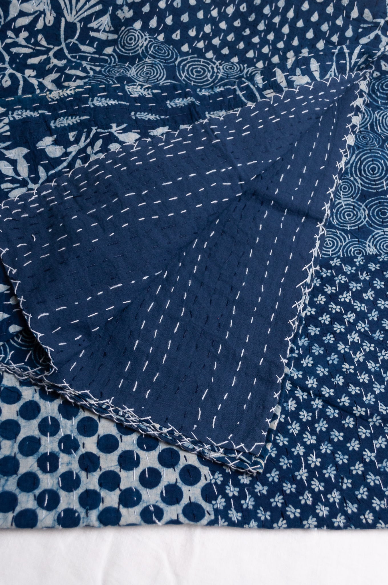 Indigo blockprint patchwork handstitched cotton kantha quilt.