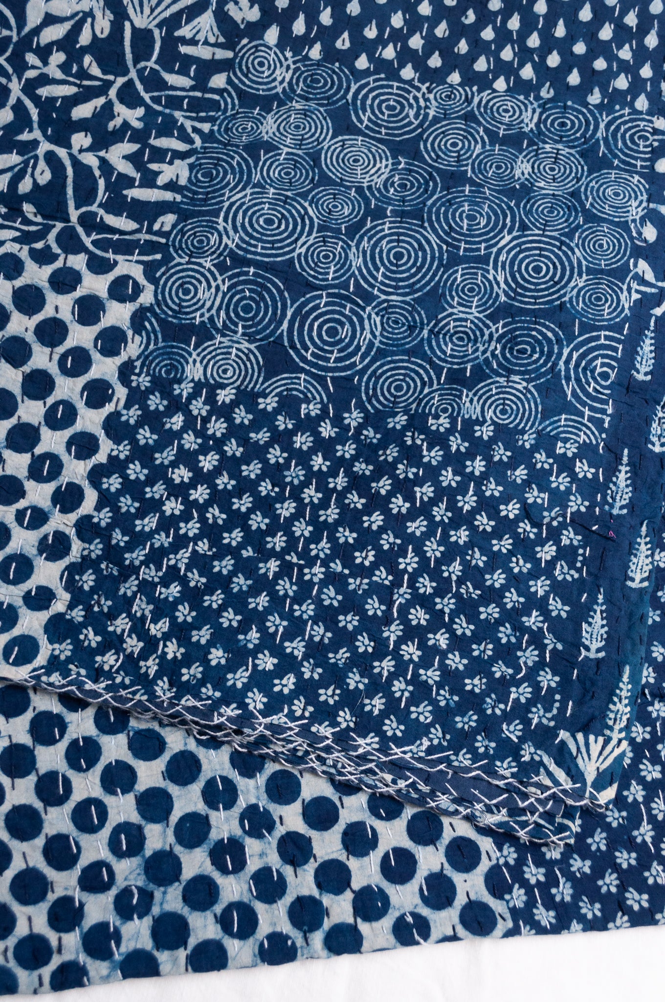 Indigo blockprint patchwork handstitched cotton kantha quilt.