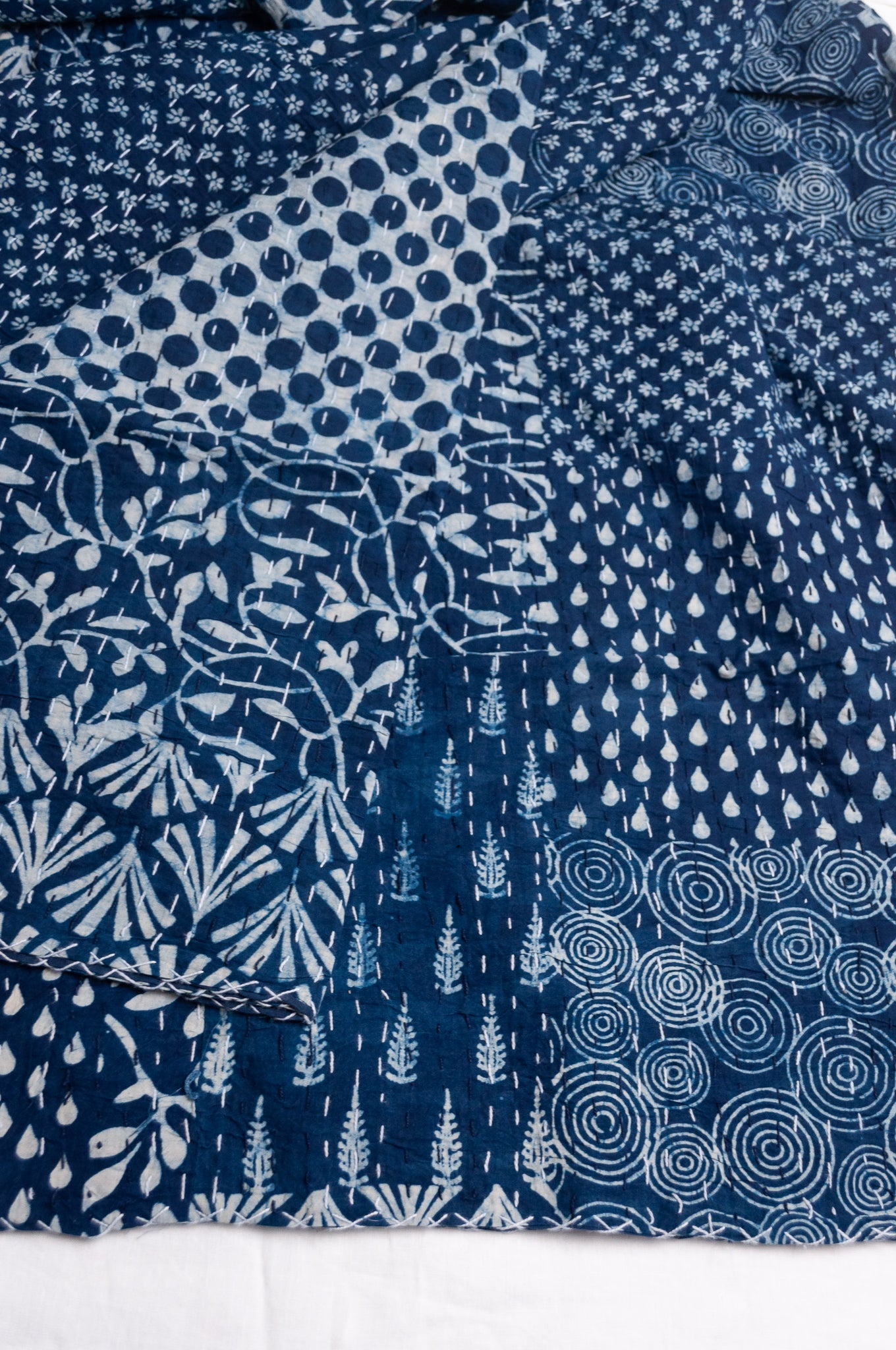 Indigo blockprint patchwork handstitched cotton kantha quilt.