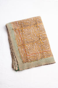 Bagru over print vintage blockprint kantha quilt, mustard leaf design.