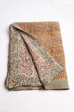 Load image into Gallery viewer, Bagru over print vintage blockprint kantha quilt, mustard leaf design.