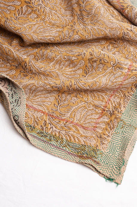 Bagru over print vintage blockprint kantha quilt, mustard leaf design.