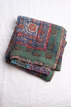 Load image into Gallery viewer, Bagru overdye blockprint vintage kantha quilt in red, ecru and denim blue with green borders.