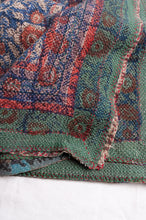 Load image into Gallery viewer, Bagru overdye blockprint vintage kantha quilt in red, ecru and denim blue with green borders.