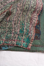 Load image into Gallery viewer, Bagru overdye blockprint vintage kantha quilt in red, ecru and denim blue with green borders.