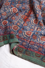 Load image into Gallery viewer, Bagru overdye blockprint vintage kantha quilt in red, ecru and denim blue with green borders.