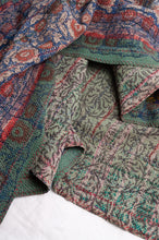 Load image into Gallery viewer, Bagru overdye blockprint vintage kantha quilt in red, ecru and denim blue with green borders.