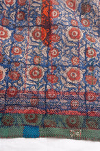 Load image into Gallery viewer, Bagru overdye blockprint vintage kantha quilt in red, ecru and denim blue with green borders.