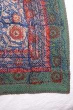 Load image into Gallery viewer, Bagru overdye blockprint vintage kantha quilt in red, ecru and denim blue with green borders.