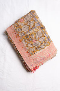 Bagru over print vintage blockprint kantha quilt, mustard floral.