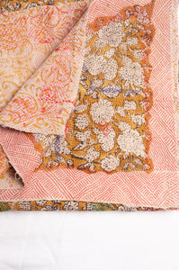 Bagru over print vintage blockprint kantha quilt, mustard floral.