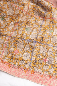 Bagru over print vintage blockprint kantha quilt, mustard floral.