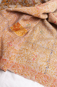 Bagru over print vintage blockprint kantha quilt, mustard floral.