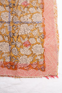 Bagru over print vintage blockprint kantha quilt, mustard floral.