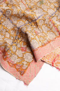 Bagru over print vintage blockprint kantha quilt, mustard floral.