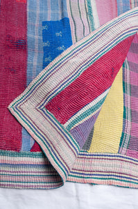 Vintage kantha quilt multi cololured stripes and plaid.