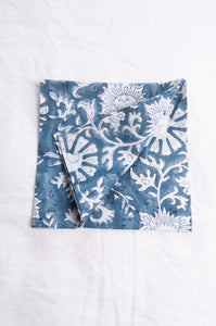 Juniper Hearth blockprint cotton napkin in blue and white floral.