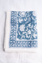 Load image into Gallery viewer, Juniper Hearth blockprint cotton table cloth in blue and white floral.