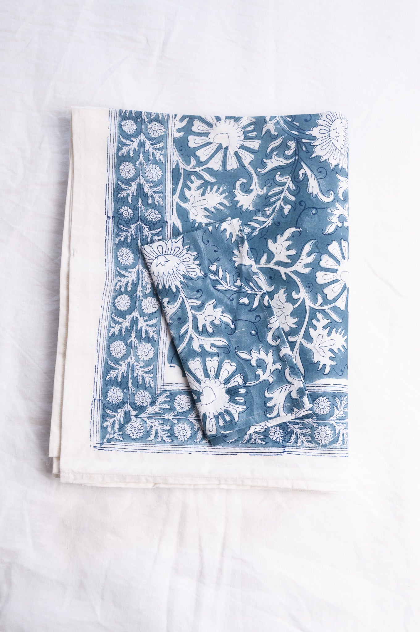 Juniper Hearth blockprint cotton table cloth in blue and white floral.