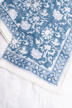 Load image into Gallery viewer, Juniper Hearth blockprint cotton table cloth in blue and white floral.