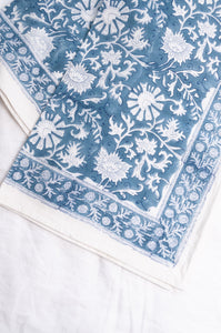 Juniper Hearth blockprint cotton table cloth in blue and white floral.