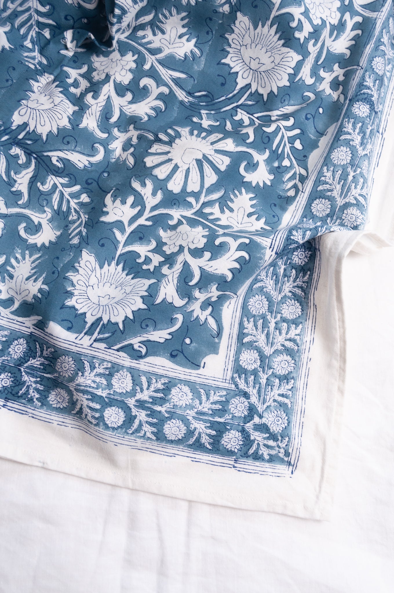 Juniper Hearth blockprint cotton table cloth in blue and white floral.