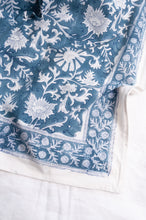 Load image into Gallery viewer, Juniper Hearth blockprint cotton table cloth in blue and white floral.