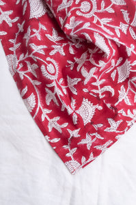 Juniper Hearth blockprint cotton napkin in red and white floral.