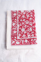 Load image into Gallery viewer, Juniper Hearth blockprint cotton table cloth in red and white floral.