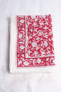 Juniper Hearth blockprint cotton table cloth in red and white floral.