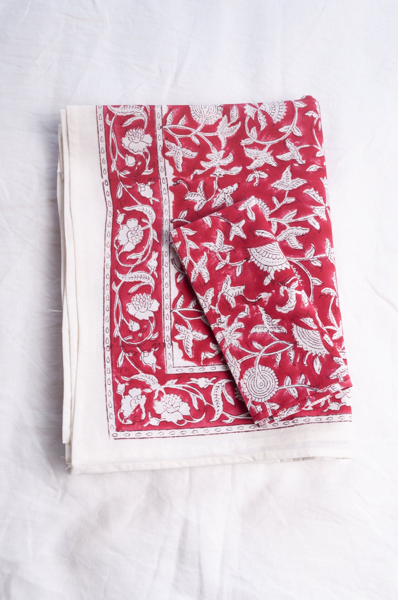 Juniper Hearth blockprint cotton table cloth in red and white floral.