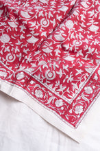 Load image into Gallery viewer, Juniper Hearth blockprint cotton table cloth in red and white floral.