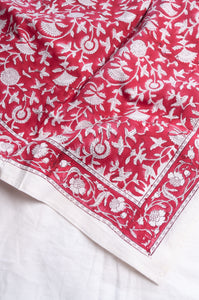 Juniper Hearth blockprint cotton table cloth in red and white floral.