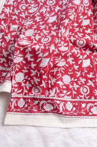 Juniper Hearth blockprint cotton table cloth in red and white floral.